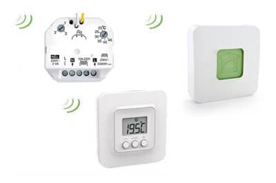 Thermostat (measures the temperature) + Micro-module (wireless receiver) + Home Automation Box (gateway) + Application