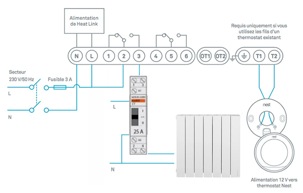 Schema con contattore da 25A e interruttore automatico da 3A - Tutte le installazioni elettriche devono essere eseguite da un elettricista.
