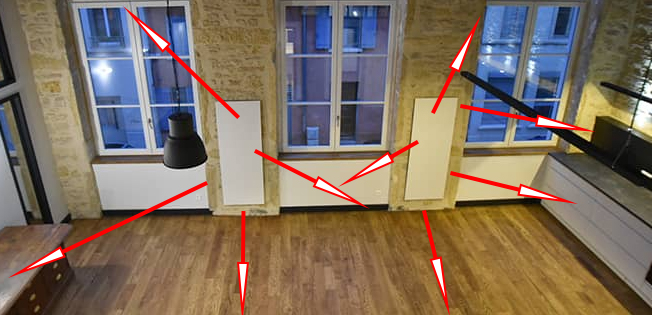 Caso n°1: stanza di 20 m2 = lunghezza di 4 metri x larghezza di 5 metri Il radiatore è posizionato tra 2 finestre. Questo posizionamento è perfetto perché l’infrarosso raggiungerà tutte le zone della stanza senza nessun problema.